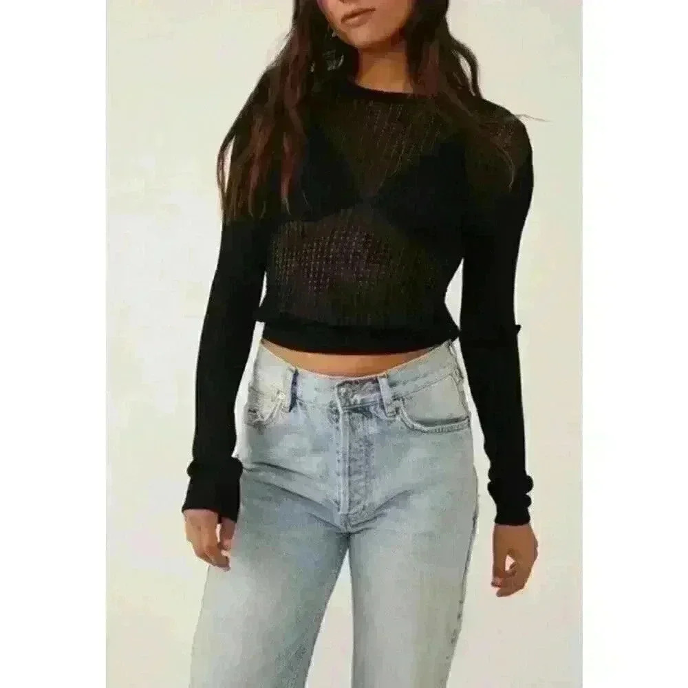 NWT Free People‎ Women H20 Crew Pull On See Through Crochet black Size S